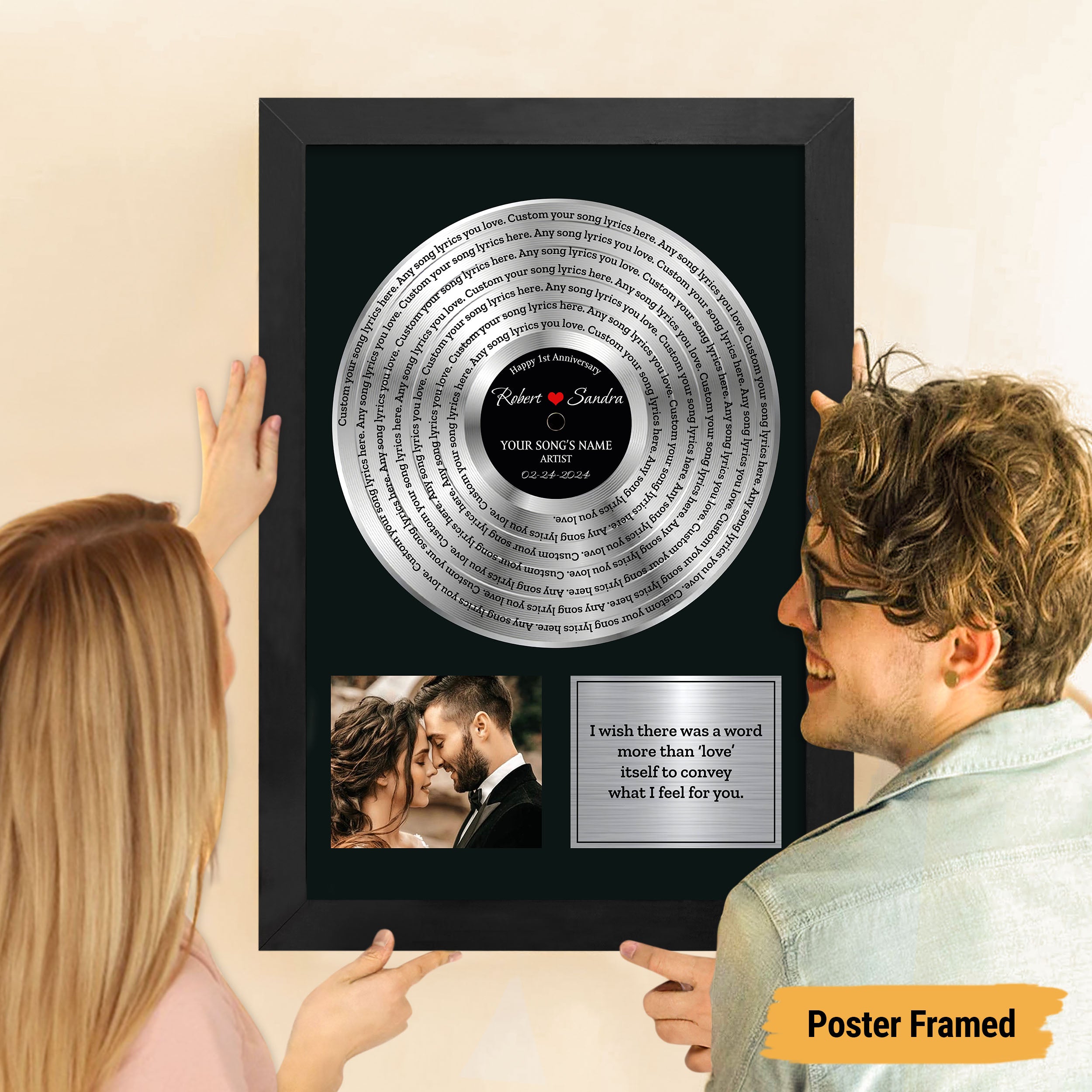 VICILO Personalized Vinyl Record Frame with Custom Engraving, Wedding, Platinum Vinyl Record Award for Couple, Personalized Gifts for Him, Music Gift for Dad, Mom