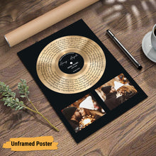 Load image into Gallery viewer, Personalized Two Photos Song Lyrics Gold Disc Vinyl Print Effect Wall Art - Custom Name, Date Record Label Wedding First Dance, Valentines, Anniversary, Christmas For Him, Her, Couples - Perfect Ideas Framed or Unframed Poster Canvas For Home Decor