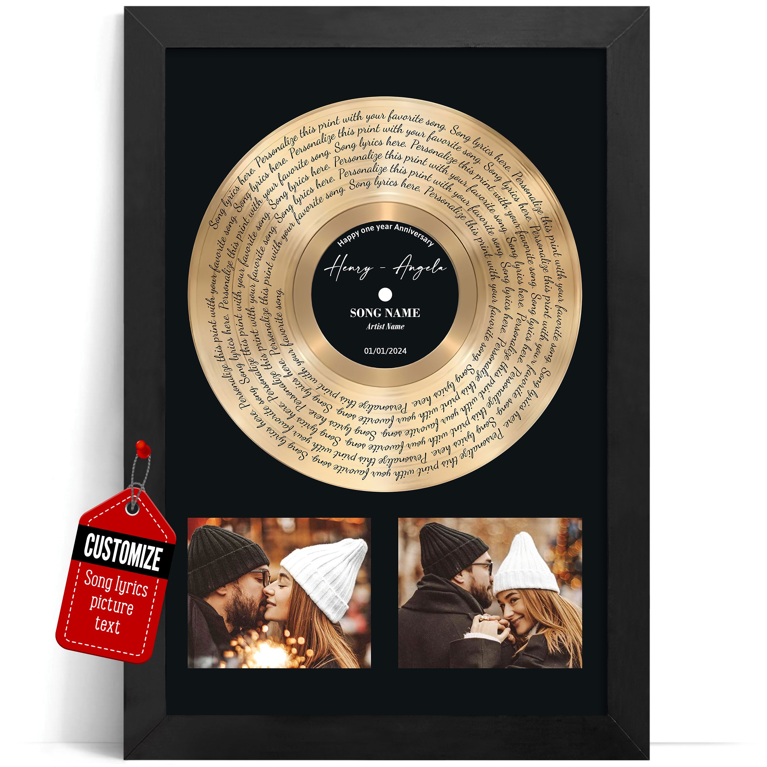 Personalized Two Photos Song Lyrics Gold Disc Vinyl Print Effect Wall Art - Custom Name, Date Record Label Wedding First Dance, Valentines, Anniversary, Christmas For Him, Her, Couples - Perfect Ideas Framed or Unframed Poster Canvas For Home Decor