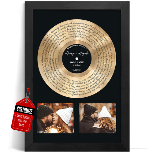 Personalized Two Photos Song Lyrics Gold Disc Vinyl Print Effect Wall Art - Custom Name, Date Record Label Wedding First Dance, Valentines, Anniversary, Christmas For Him, Her, Couples - Perfect Ideas Framed or Unframed Poster Canvas For Home Decor