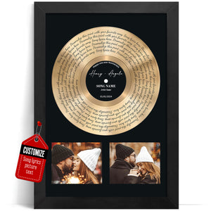 Personalized Two Photos Song Lyrics Gold Disc Vinyl Print Effect Wall Art - Custom Name, Date Record Label Wedding First Dance, Valentines, Anniversary, Christmas For Him, Her, Couples - Perfect Ideas Framed or Unframed Poster Canvas For Home Decor