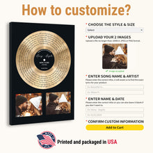 Load image into Gallery viewer, Personalized Two Photos Song Lyrics Gold Disc Vinyl Print Effect Wall Art - Custom Name, Date Record Label Wedding First Dance, Valentines, Anniversary, Christmas For Him, Her, Couples - Perfect Ideas Framed or Unframed Poster Canvas For Home Decor