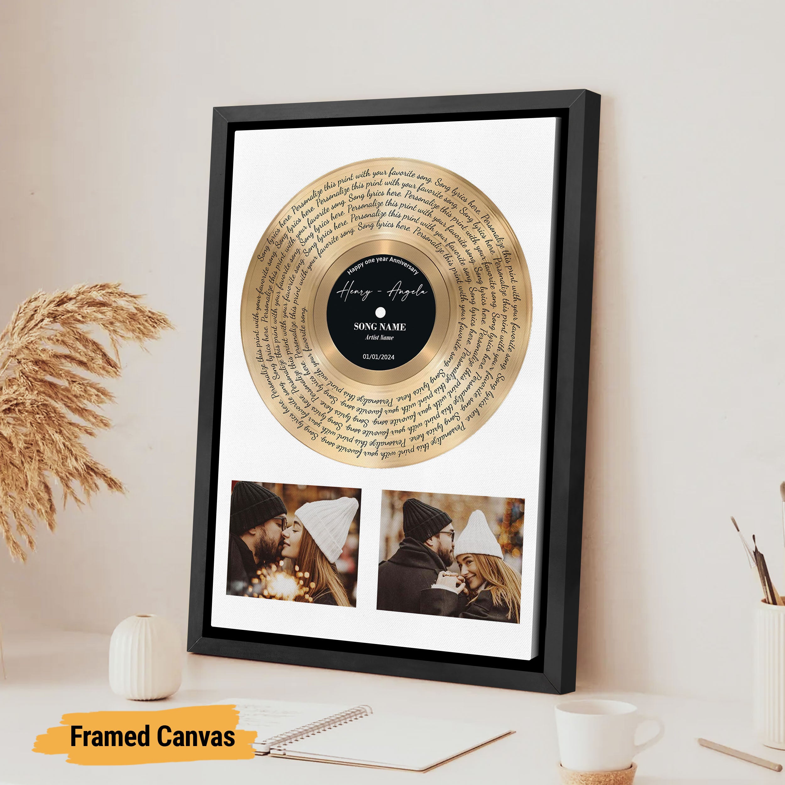 Personalized Two Photos Song Lyrics Gold Disc Vinyl Print Effect Wall Art - Custom Name, Date Record Label Wedding First Dance, Valentines, Anniversary, Christmas For Him, Her, Couples - Perfect Ideas Framed or Unframed Poster Canvas For Home Decor