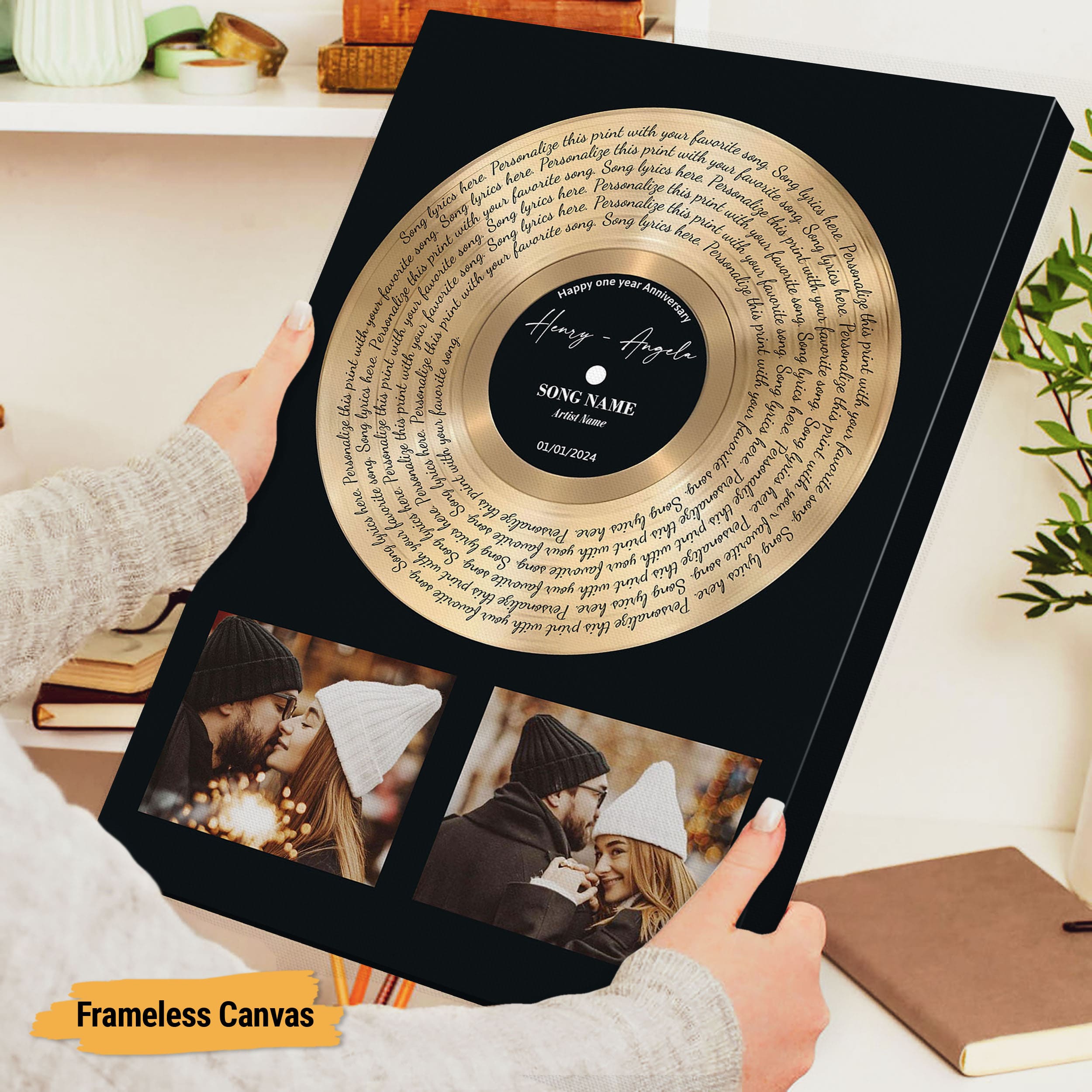 Personalized Two Photos Song Lyrics Gold Disc Vinyl Print Effect Wall Art - Custom Name, Date Record Label Wedding First Dance, Valentines, Anniversary, Christmas For Him, Her, Couples - Perfect Ideas Framed or Unframed Poster Canvas For Home Decor