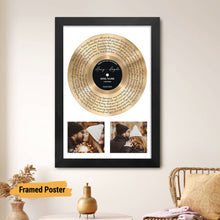 Load image into Gallery viewer, Personalized Two Photos Song Lyrics Gold Disc Vinyl Print Effect Wall Art - Custom Name, Date Record Label Wedding First Dance, Valentines, Anniversary, Christmas For Him, Her, Couples - Perfect Ideas Framed or Unframed Poster Canvas For Home Decor