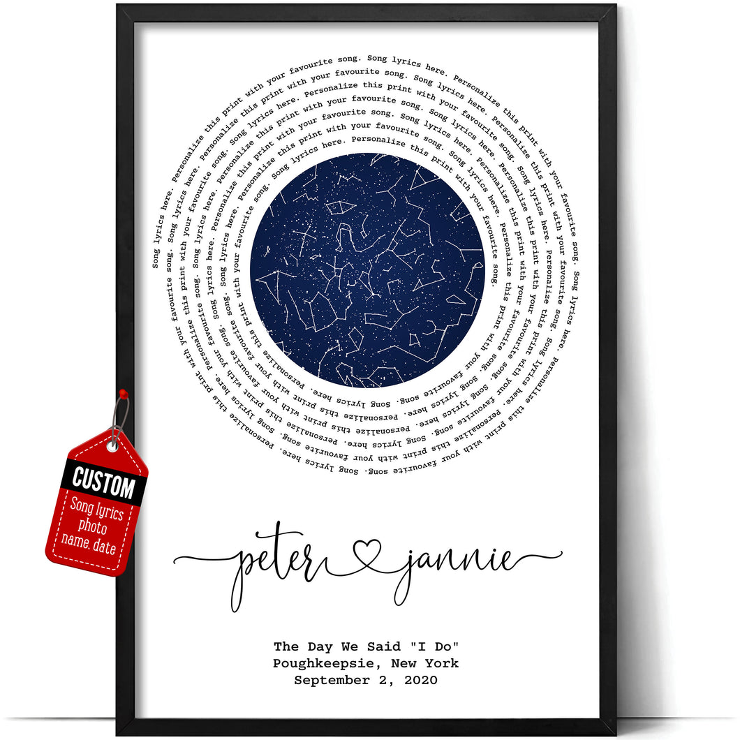 Custom Song Lyrics Poster Canvas Wall Art One Year Anniversary Christmas Gifts from Wife Night Sky Constellation Lyric Framed (Star Map For Boyfriend)