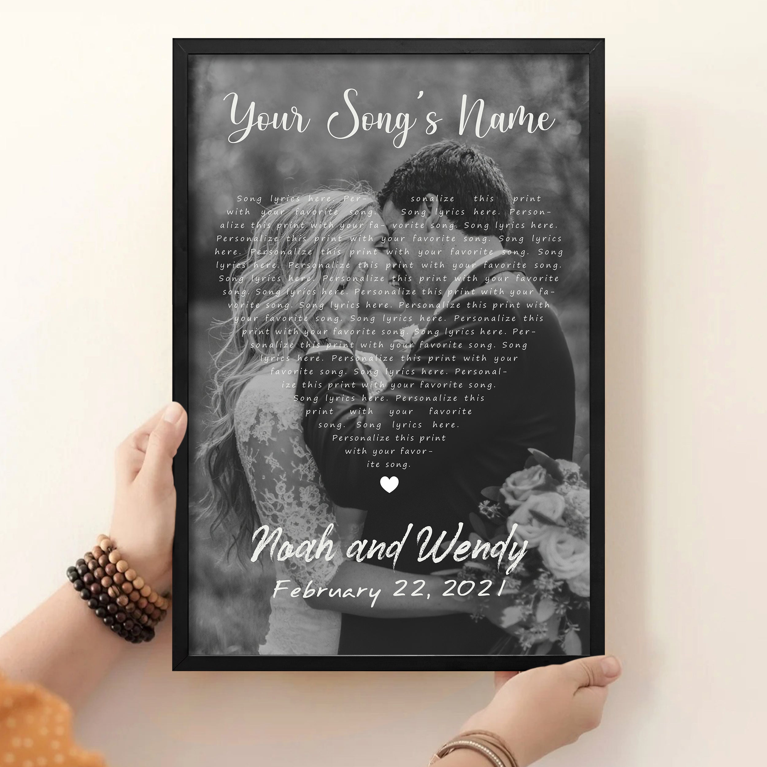 Custom Song Lyrics Poster Canvas Wall Art Black White Color Heart Wedding One Year Anniversary Personalized Print For Couples